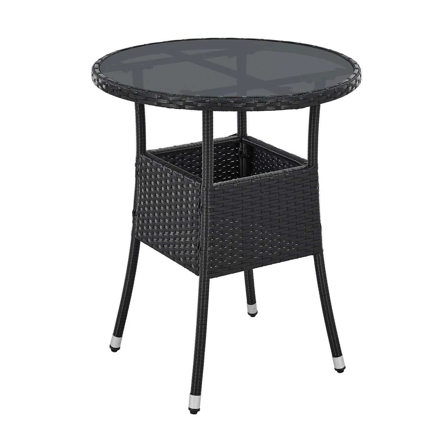 Polyrotan Tuintafel / Bijzettafel / Balkontafel Yoro – Rond – 60 cm – Zwart – Incl. Glasplaat