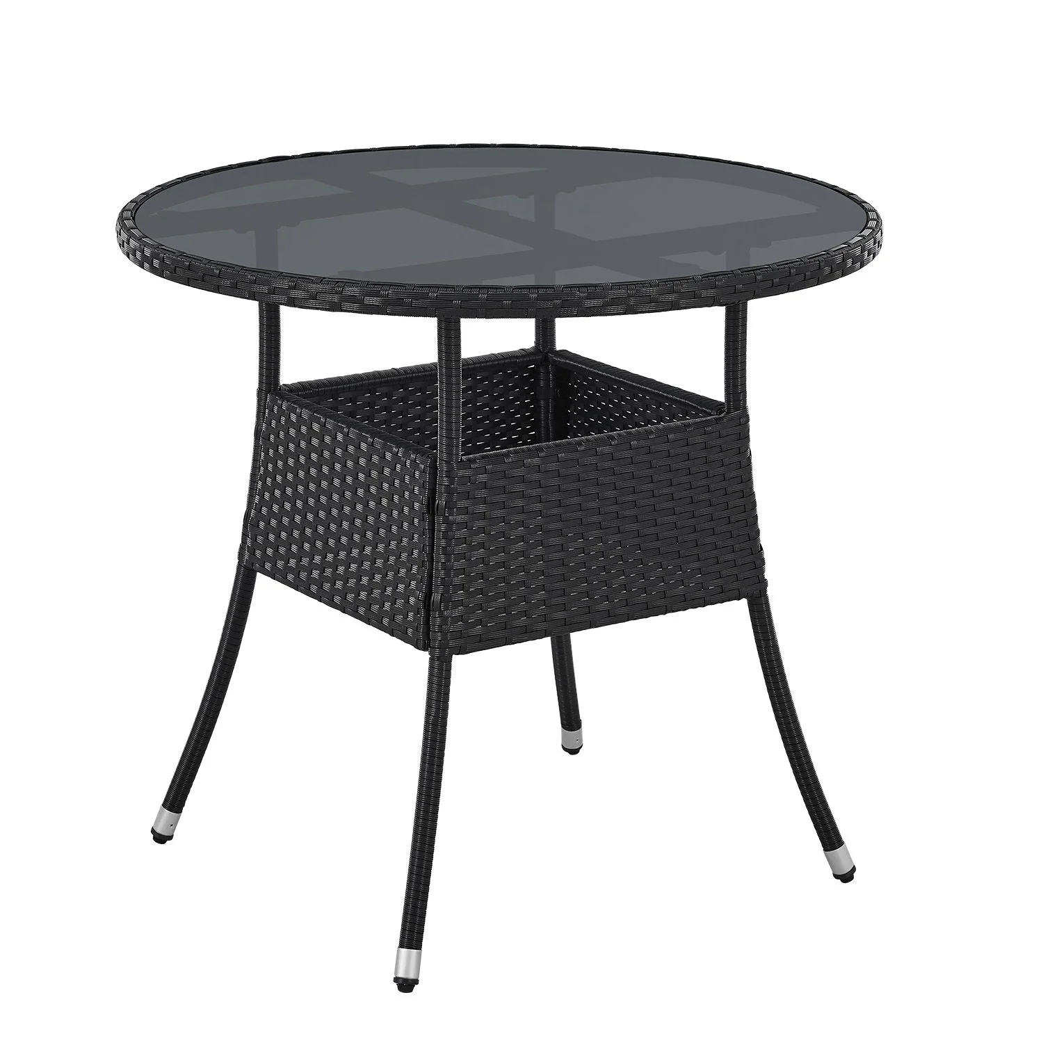 Polyrotan Tuintafel / Bijzettafel / Balkontafel Yoro – Rond – 80 cm – Zwart – Incl. Glasplaat