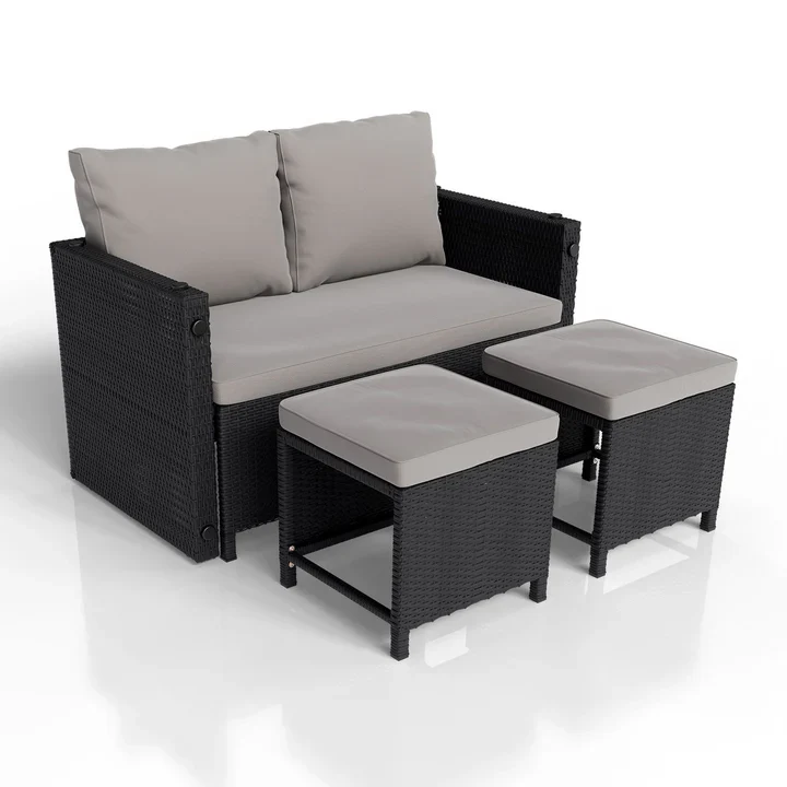 Loungeset / Tuinset Jamaika – 2-in-1 – Polyrotan – Zwart / Grijs