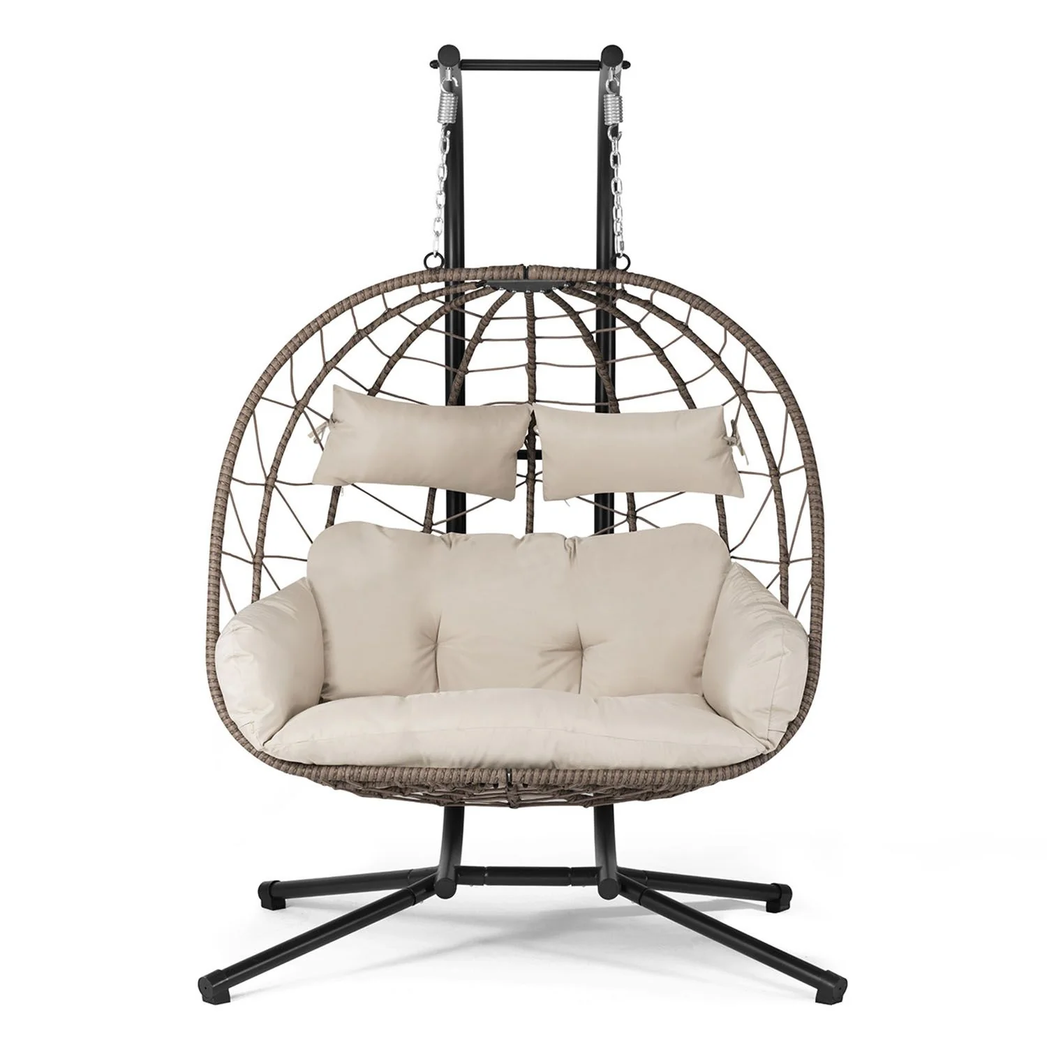 Polyrotan Dubbele Hangstoel Aria – Beige – Incl. Onderstel & Kussens