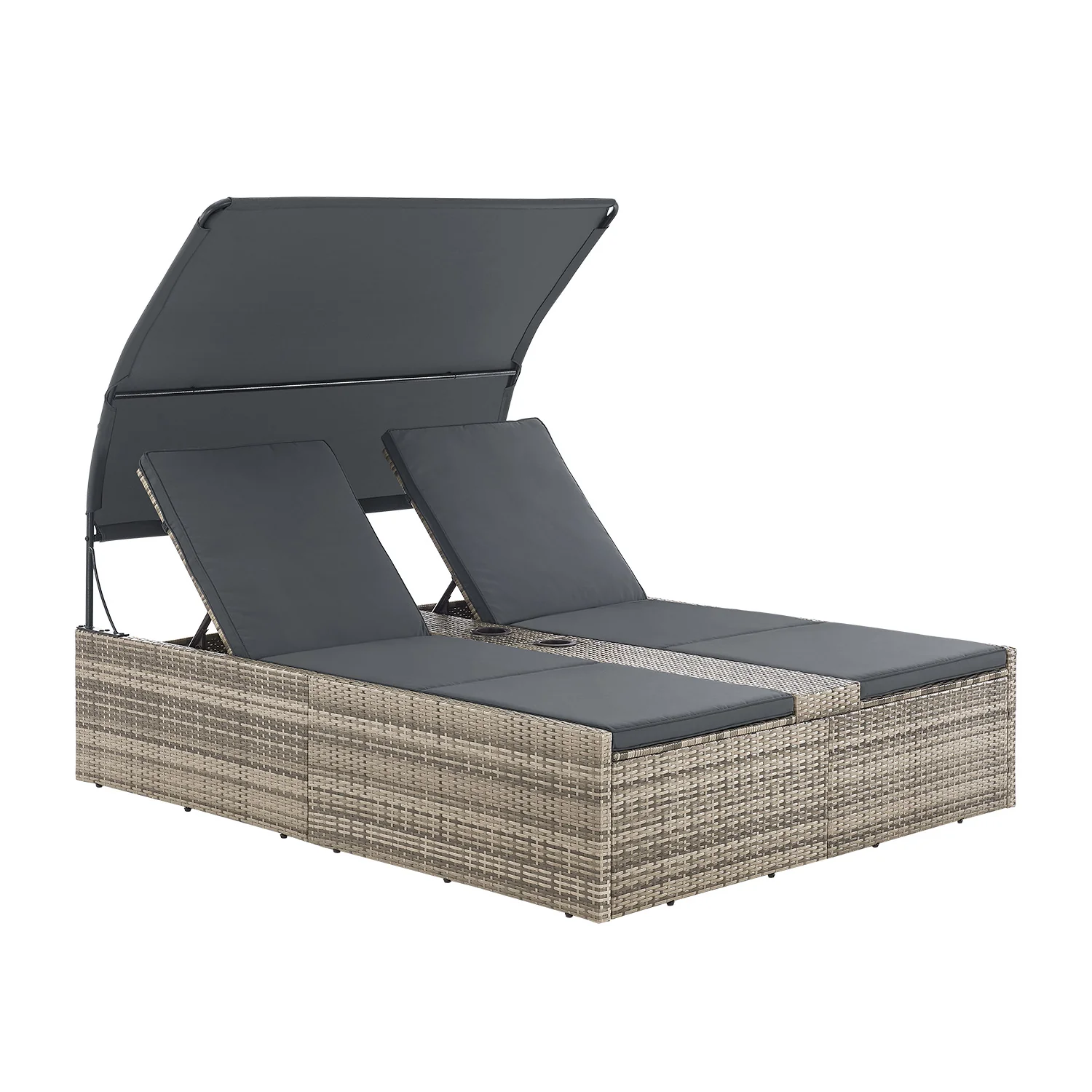 Polyrotan Loungebed / Ligbed Syros – Grijs – 2 personen – Incl. Kussens & Zonnedak
