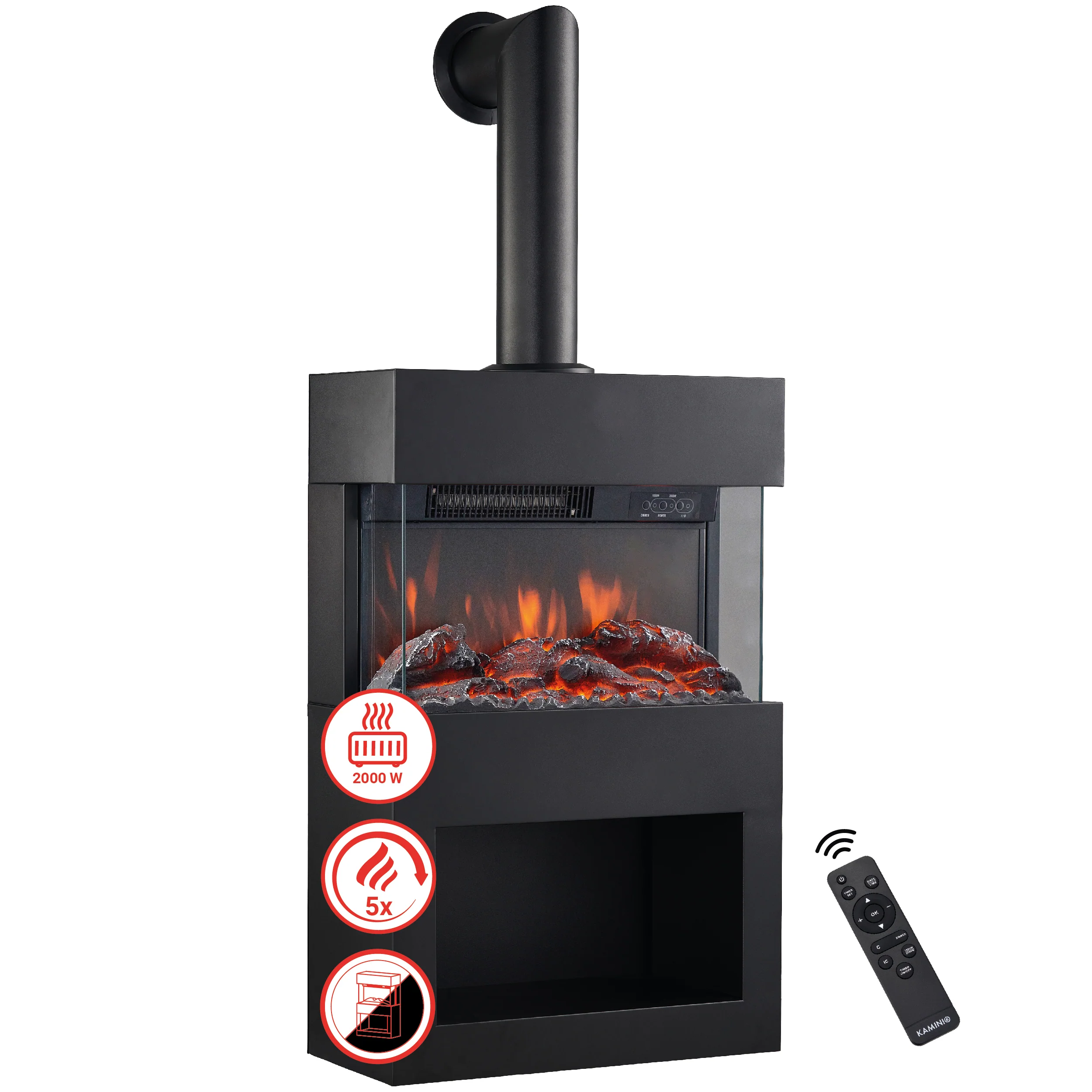 Elektrische haard HENRI met rookafvoerbuis – Elektrische houtkachel met verwarming, 3D-vlameffect, houtopslag, afstandsbediening- Zwart