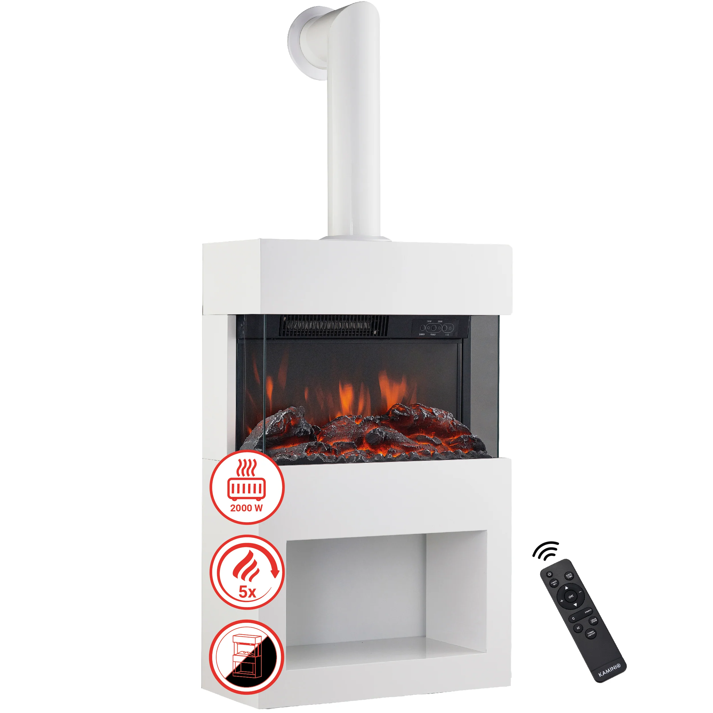 Elektrische haard HENRI met rookafvoerbuis – Elektrische houtkachel met verwarming, 3D-vlameffect, houtopslag, afstandsbediening – Wit