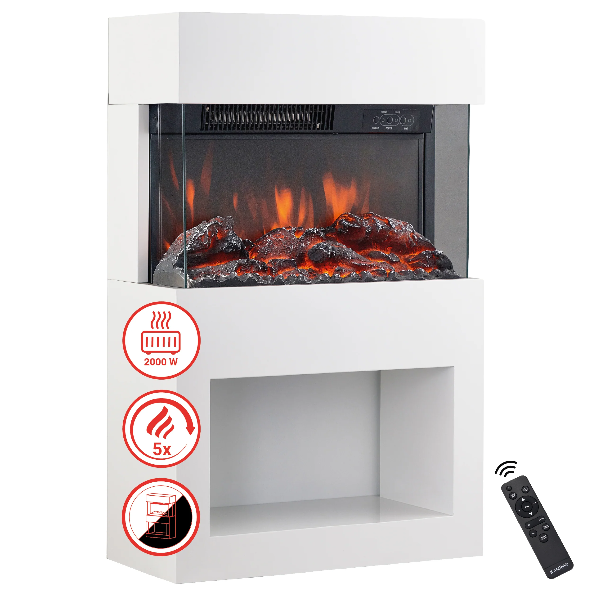 Elektrische haard HENRI – Elektrische houtkachel met verwarming, 3D-vlameffect, houtopslag, afstandsbediening – Wit