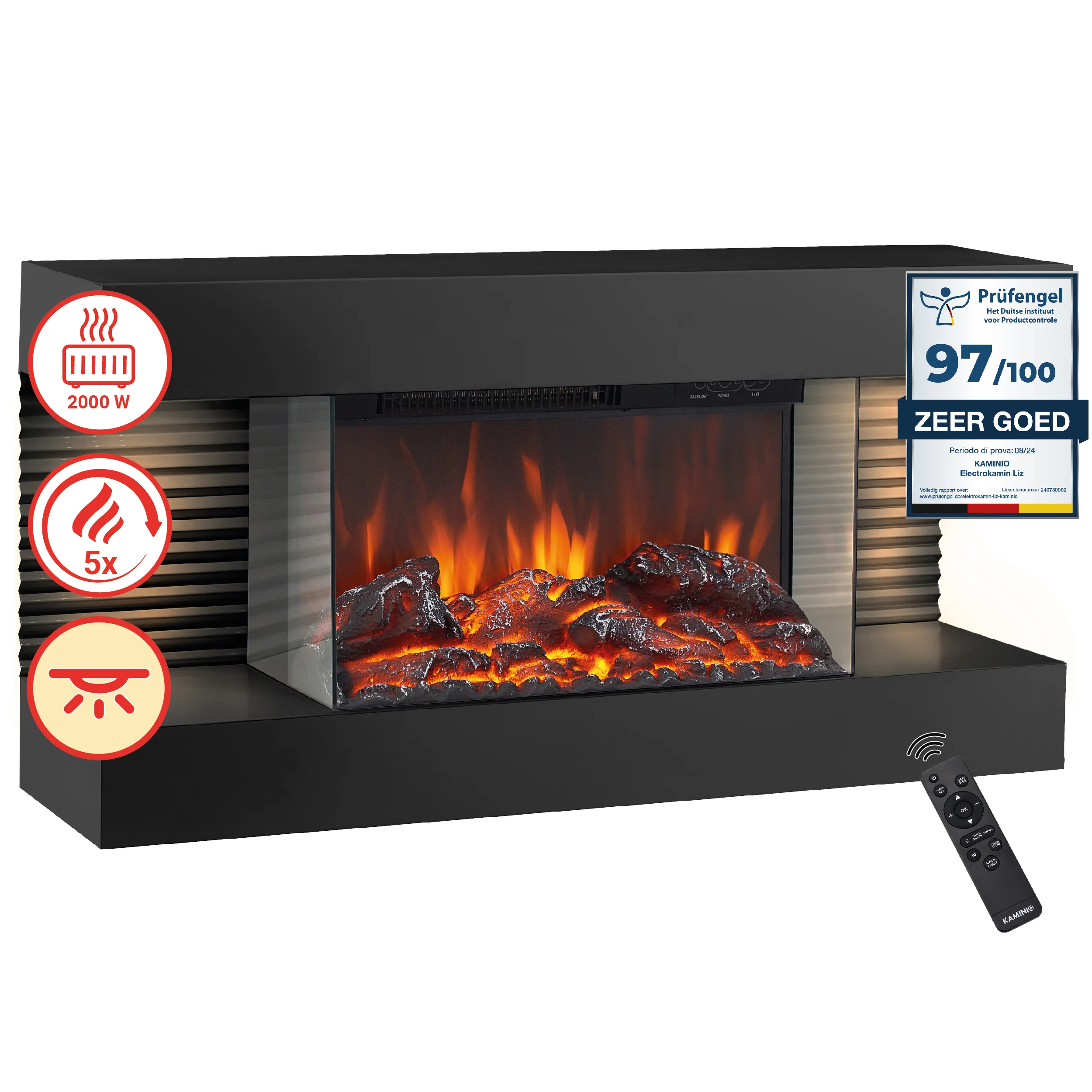 Elektrische haard LIZ – Elektrische wandhaard met verwarming, 3D-vlameffect, LED-sfeerverlichting, afstandsbediening – Zwart