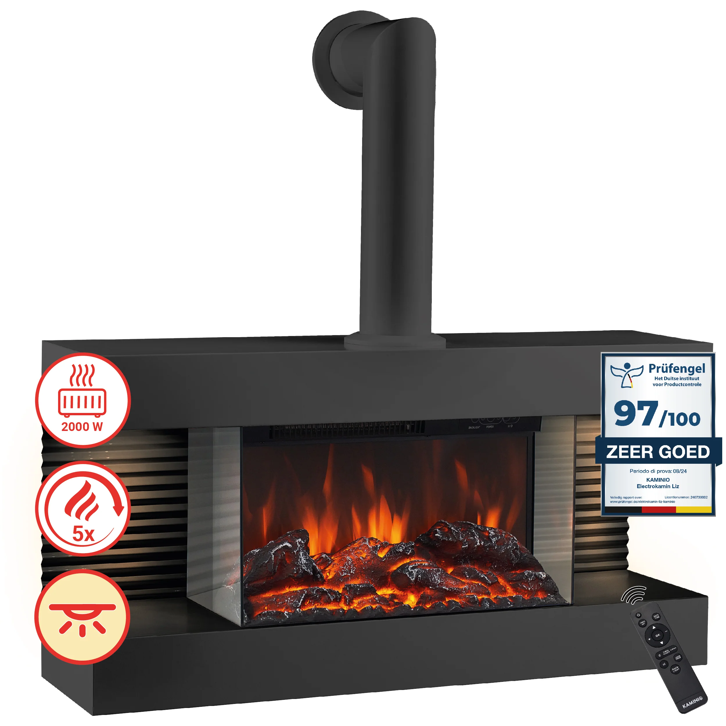 Elektrische haard LIZ met rookafvoerbuis – Elektrische wandhaard met verwarming, 3D-vlameffect, LED-sfeerverlichting, afstandsbediening – Zwart