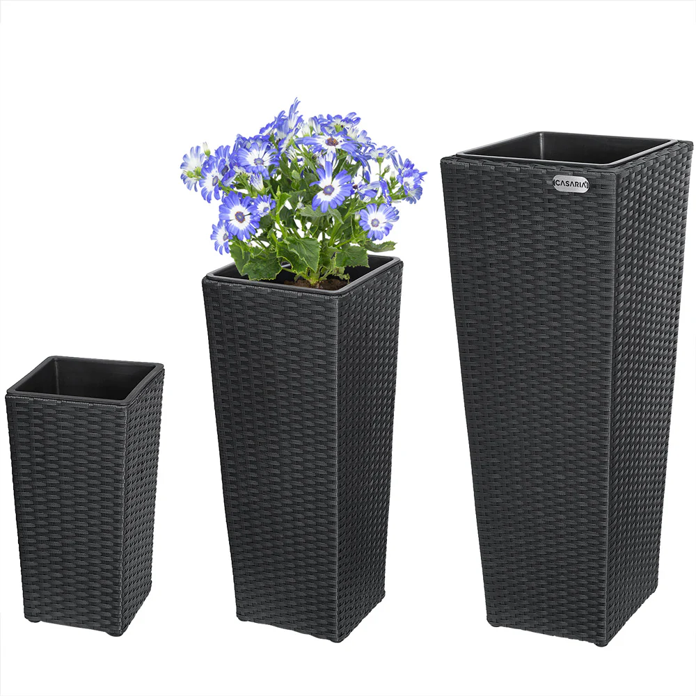 Bloempot / Plantenbak Set – Polyrattan – Set van 3 – Zwart